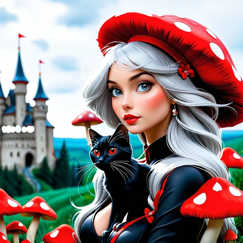 Prompt: Red mushrooms, silver hair, woman, black cat, castle 