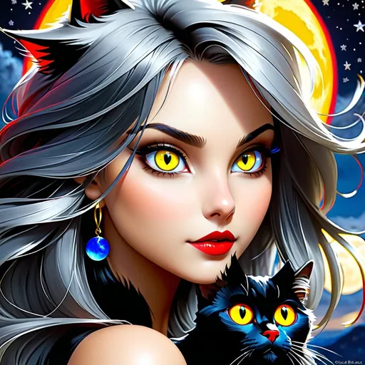 Prompt: Black cat, yellow eyes, woman, black and sliver hair, red eyes, blue moon