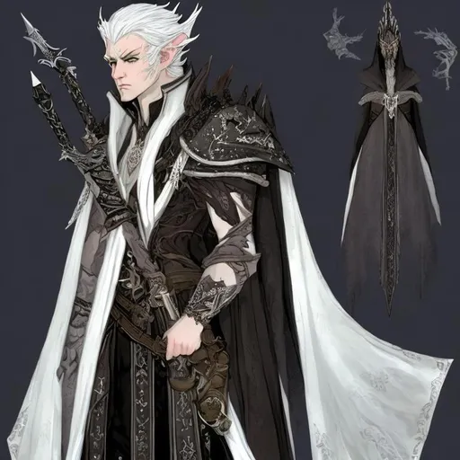 Prompt: A priestly snow-white Elven man with ivory white hair and obsidian-colored eyes, wearing a ragged white cloak with a black Lilly broach, the cloak is draped over studded leather armor, and on his waist are two daggers sheathed alongside three pouches. In his hand is a broken vial of pestilence. 