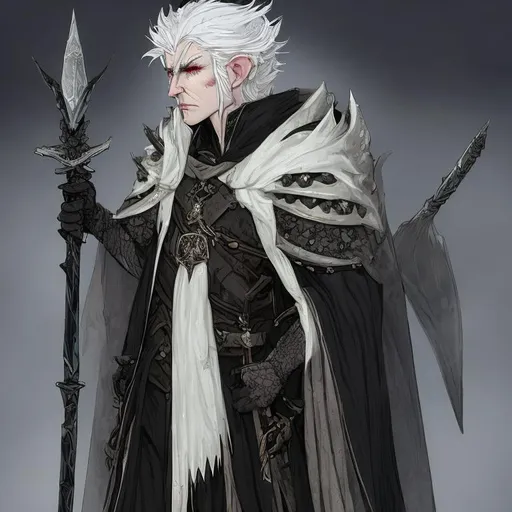 Prompt: A priestly snow-white Elven man with ivory white hair and obsidian-colored eyes, wearing a ragged white cloak with a black Lilly broach, the cloak is draped over studded leather armor, and on his waist are two daggers sheathed alongside three pouches. In his hand is a broken vial of pestilence. 