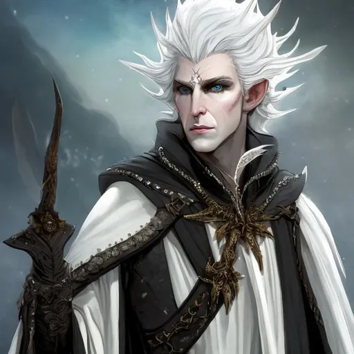 Prompt: An 8k extremely high-quality image of A priestly snow-white Elven man with ivory white hair and obsidian-colored eyes, wearing a ragged white cloak with a black Lilly broach; the cloak is draped over studded leather armor, and on his waist are two daggers sheathed alongside three pouches. In his hand is a broken vial of pestilence. 