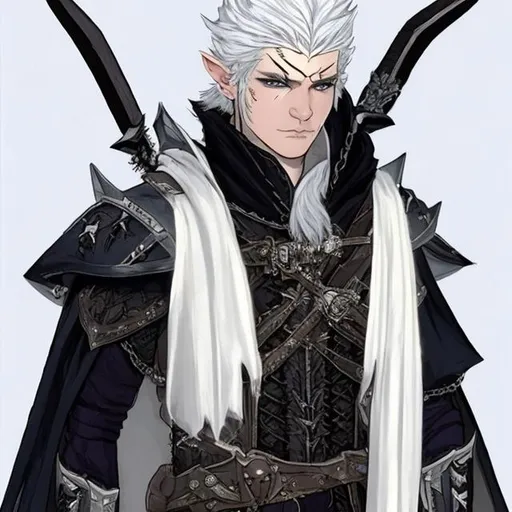 Prompt: A priestly snow-white Elven man with ivory white hair and obsidian-colored eyes, wearing a ragged white cloak draped over studded leather armor, on his waist is two daggers sheathed alongside three pouches.  
