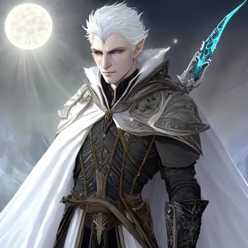 Prompt: A 4k extremely high-quality image of A priestly snow-white Elven man with ivory white hair and obsidian-colored eyes, wearing a ragged white cloak with a black Lilly broach; the cloak is draped over studded leather armor, and on his waist are two daggers sheathed alongside three pouches. In his hand is a broken vial of pestilence. 