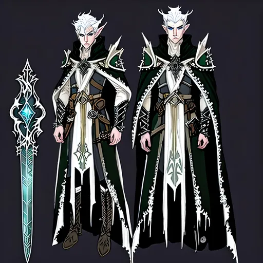 Prompt: A priestly snow-white Elven man with ivory white hair and obsidian-colored eyes, wearing a ragged white cloak with a black Lilly broach, the cloak is draped over studded leather armor, and on his waist are two daggers sheathed alongside three pouches. In his hand is a broken vial of pestilence. 