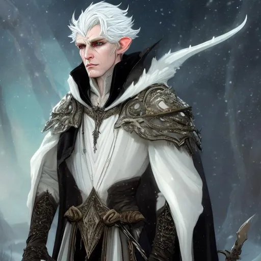 Prompt: A 8k extremely high-quality image of A priestly snow-white Elven man with ivory white hair and obsidian-colored eyes, wearing a ragged white cloak with a black Lilly broach; the cloak is draped over studded leather armor, and on his waist are two daggers sheathed alongside three pouches. In his hand is a broken vial of pestilence. 