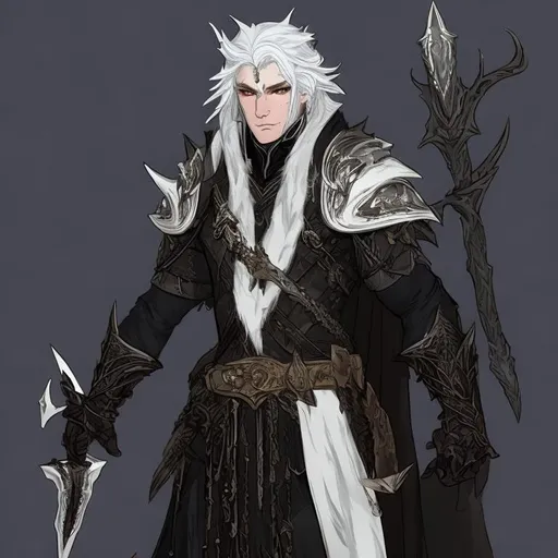 Prompt: A priestly snow-white Elven man with ivory white hair and obsidian-colored eyes, wearing a ragged white cloak draped over studded leather armor, on his waist is two daggers sheathed alongside three pouches.  