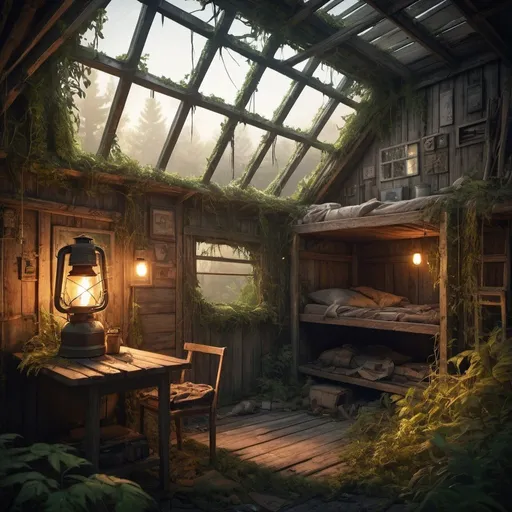 Prompt: Cozy post-apocalypse shelters, warm and inviting, handcrafted wooden cabins, soft glowing lantern light, overgrown with foliage, remnants of a desolate world, high quality, detailed illustration, post-apocalyptic, cozy atmosphere, handcrafted, warm lighting, overgrown foliage, remnants of civilization