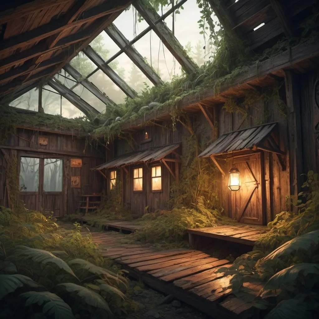 Prompt: Cozy post-apocalypse shelters, warm and inviting, handcrafted wooden cabins, soft glowing lantern light, overgrown with foliage, remnants of a desolate world, high quality, detailed illustration, post-apocalyptic, cozy atmosphere, handcrafted, warm lighting, overgrown foliage, remnants of civilization