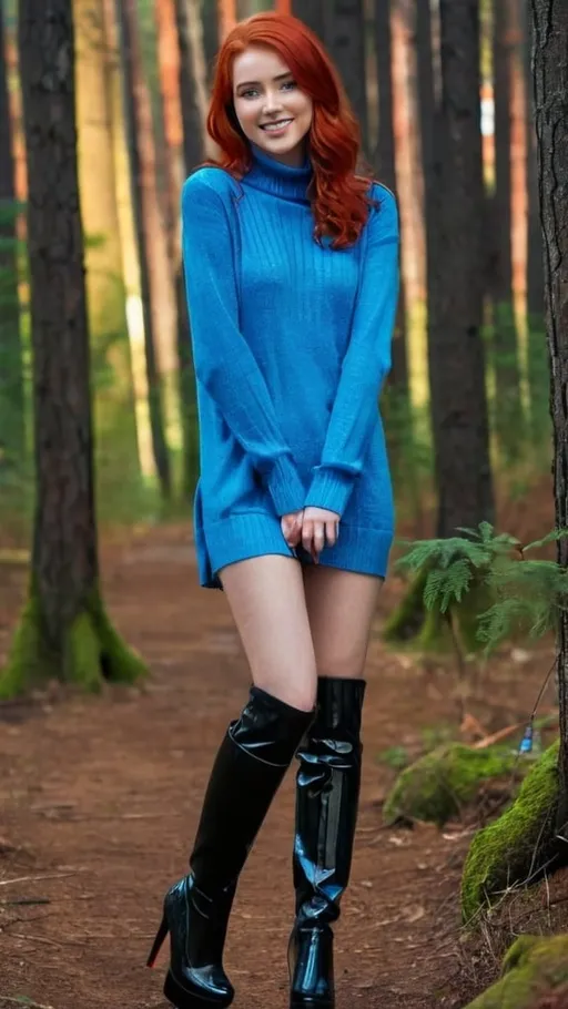 Prompt: Close shot, beautiful smiling tall girl, 25 years old, red medium lenght hair, blue eyes, blue long sweater, high heels,  platform thigh high patent leather black boots, standing in a forest