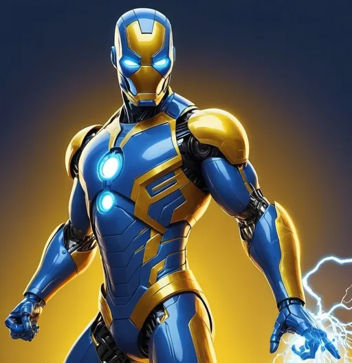 Prompt: Genera una ilustración de Pop, el héroe robótico de Marvel, en su traje azul eléctrico y amarillo neón, en una pose dinámica de acción. Fondo futurista con elementos tecnológicos.

