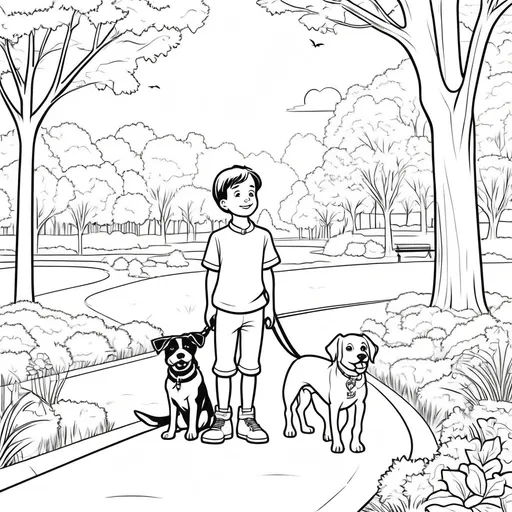 Prompt: B&W coloring book page, boy with his dog in the park, line art, solid white background