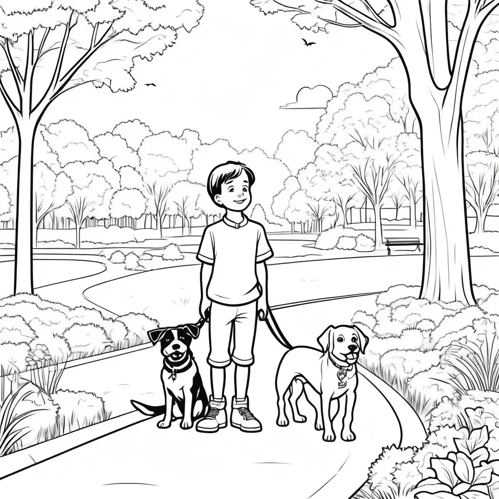 Prompt: B&W coloring book page, boy with his dog in the park, line art, solid white background