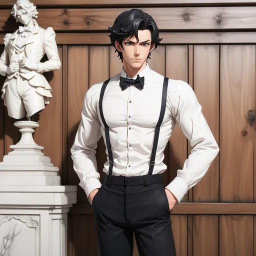 Prompt: a anime man standing in front of a wooden wall wearing a white shirt and black pants with a bow tie, Anne Said, rococo, handsome, a marble sculpture