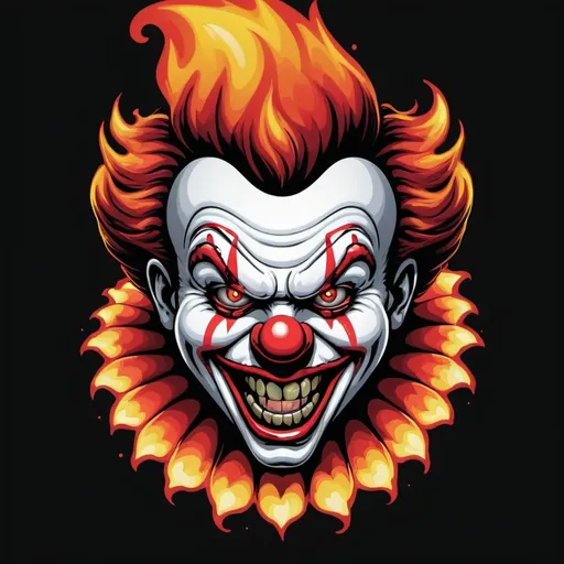 Prompt: CLOWN text,Fire font logo with a angry face CLOWN,black background