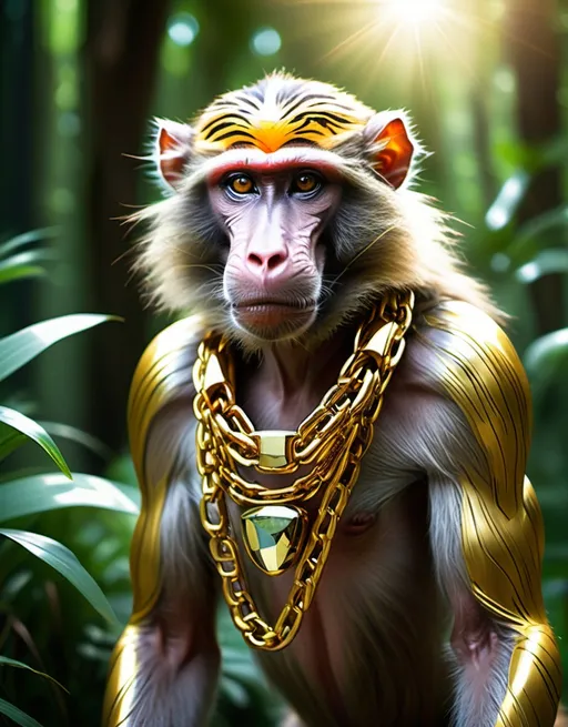 Prompt: Baboon-tiger hybrid in a tropical forest with grass and utmost sunshine and wearing a gold futuristic chain