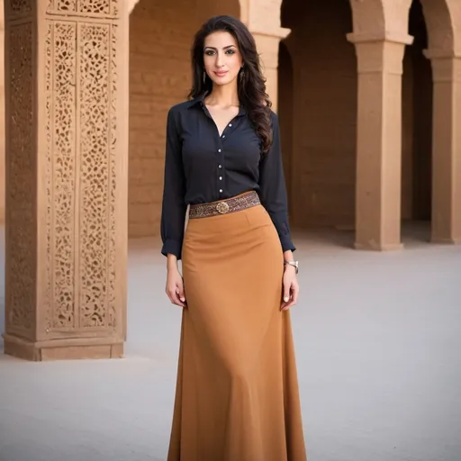 Prompt: tall mid-eastern women, long skirt, unbuttoned blouse