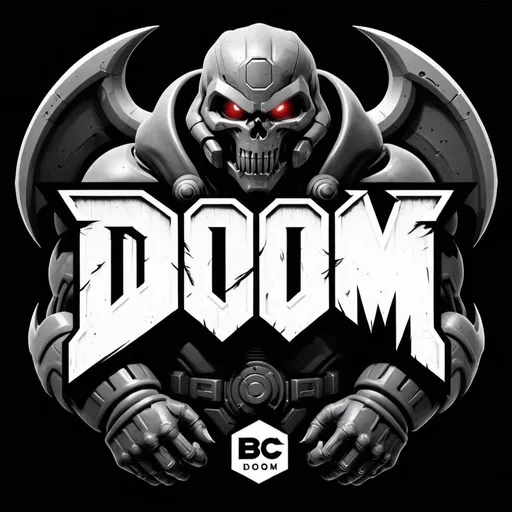 Prompt: create a video game DOOM image black and white with DOOM logo