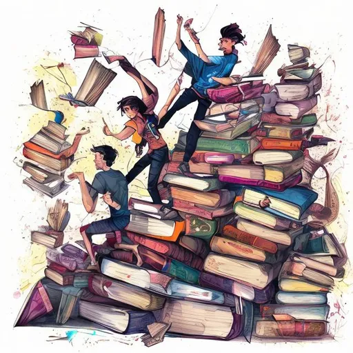 Prompt: Students climbing a mountain of books, pencil sketch, chaotic pile of colorful books, whimsical art style, warm and vibrant tones, soft shading, interactive and energetic vibe, hand-drawn, detailed expressions, dynamic poses, high quality, detailed sketch, vibrant tones, whimsical, energetic, hand-drawn, artistic, dynamic, interactive, soft shading