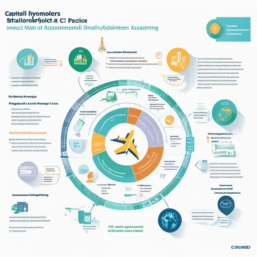 Prompt: Create a single infographic that fits on a page and use a color drawing of an airplane in the middle with drawings in the circle around it for various activities and also use summarized descriptions.  Title: Capital Improvement Planning (CIP): A Strategic Approach for Airport Planning

Introduction: Strategic CIP planning involves reviewing and updating the existing CIP, gathering data through condition assessments, stakeholder requests, and planning studies to align efforts with strategic priorities.

Infographic Layout:

Central Circle: Airport CIP
Visuals: Central circle labeled "Airport CIP."
Surrounding Actions: Arrange the following sections around the central circle in a two-way communication format.
Data Collection and Needs Assessment
Visuals: Icons like magnifying glasses, data charts, and stakeholder symbols.
Narrative: Review and update CIP, gather data, understand strategic priorities.
Project Evaluation and Prioritization
Visuals: Flowcharts, risk assessment icons.
Narrative: Evaluate and prioritize projects, conduct feasibility analyses, assess risk.
Budgeting and Approvals
Visuals: Budget charts, funding source icons, approval stamps.
Narrative: Estimate costs, identify funding sources, acquire approvals.
Engagement and Transparency
Visuals: Stakeholder engagement icons, transparency symbols.
Narrative: Engage stakeholders, maintain transparency on schedule, costs, risks, issues.
Implementation and Monitoring
Visuals: Project execution icons, progress charts, alignment checkmarks.
Narrative: Secure resources, execute projects, report progress, evaluate alignment with goals.