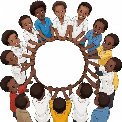 Prompt: draw me an image of jewish ethiopian kids standing in a circle all placing one hand in the middle of the circle. kids look happy. the boys should wear a jewish KiPA, like the ones jewish ethipoian kids are wearing in israel. and the boys shouldn't have a long hair nor an afro haircut