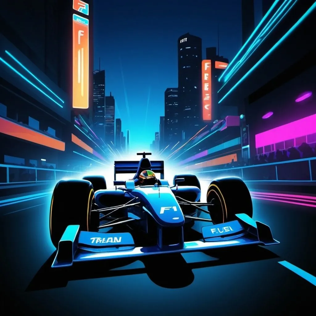 Prompt: neon, race, blue f1 car speed, streets, buildings, cartoon, silhouette, race track

