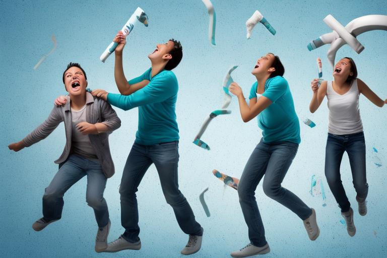 Prompt: Unhappy people trying to catch flying tubes of toothpaste
