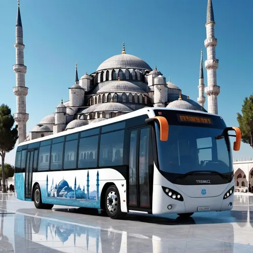 Prompt: A futuristic render of city low floor bus infront of blue mosque turkey