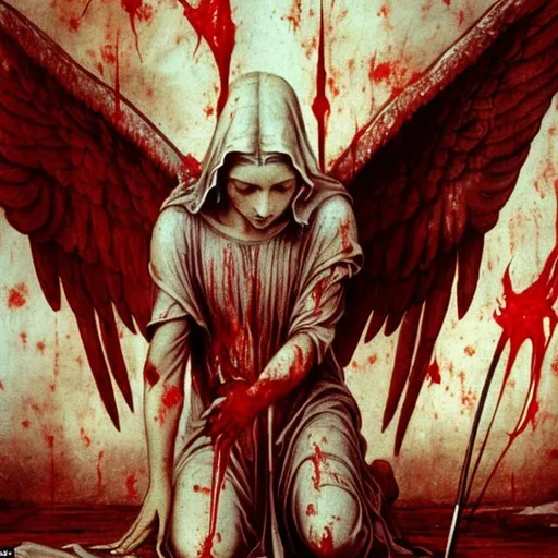 Prompt: an angel with bended knees has folded wings to cover its body, the wings are covered in blood, a huge arrow is sticking through the angels back, the angel has a pool of blood around it