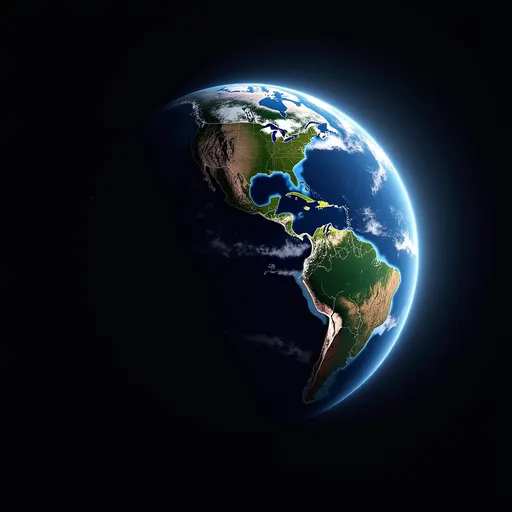 Prompt: Planet Earth, showing its left hand side completely dark, as in the night. The right hand side showing daylight and brightly showing Latinoamérica continent. 