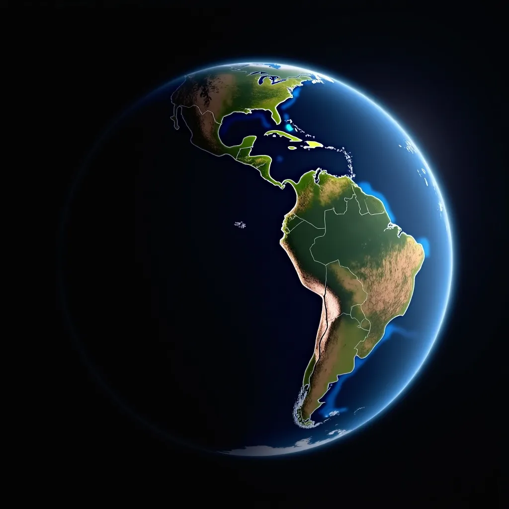 Prompt: Planet Earth, showing its left hand side completely dark, as in the night. The right hand side showing daylight and brightly showing Latinoamérica continent. 