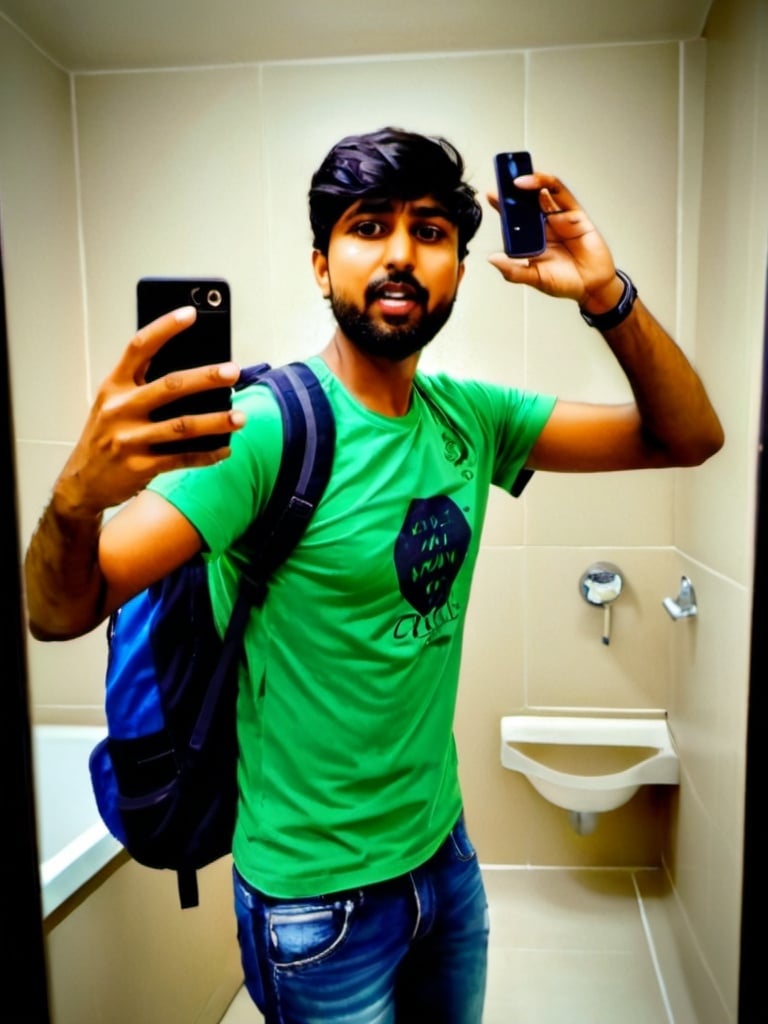 Prompt: a man standing in a bathroom taking a selfie with his cell phone in his hand and a backpack behind him, Bikash Bhattacharjee, maximalism, jayison devadas, a picture