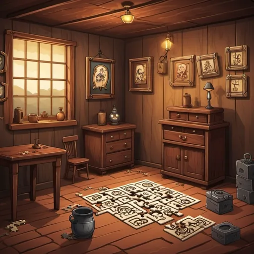 Prompt: Create an cartoon image tile  for an escape room entitled Puzzles of the past