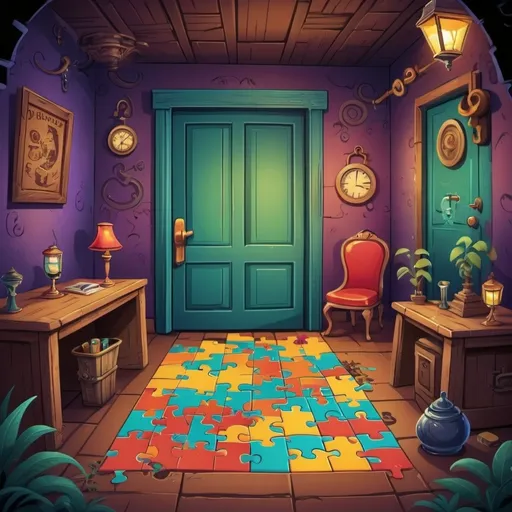 Prompt: Create an cartoon image tile  for an escape room entitled Puzzles of the past