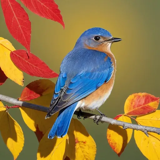 Prompt: bluebird with yellow, green, and red leaves and sun
