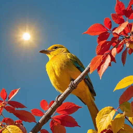 Prompt: yellow bird with blue, green, and red leaves and sun in background

