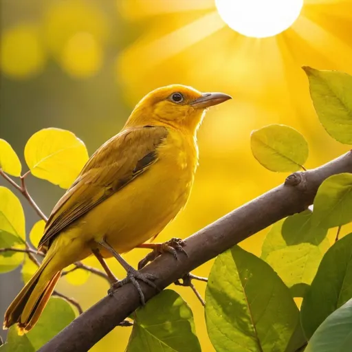 Prompt: yellow bird with 
leaves and sun in background
