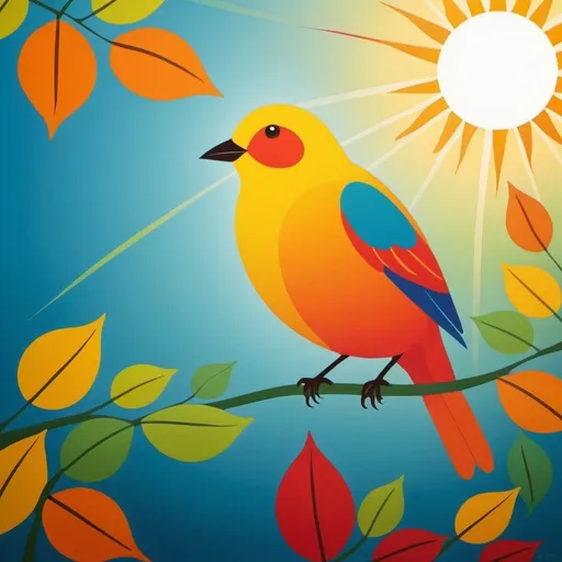 Prompt: natural, smoothe lines, yellow bird with leaves in blue, green, orange, and red colors and sun in background
