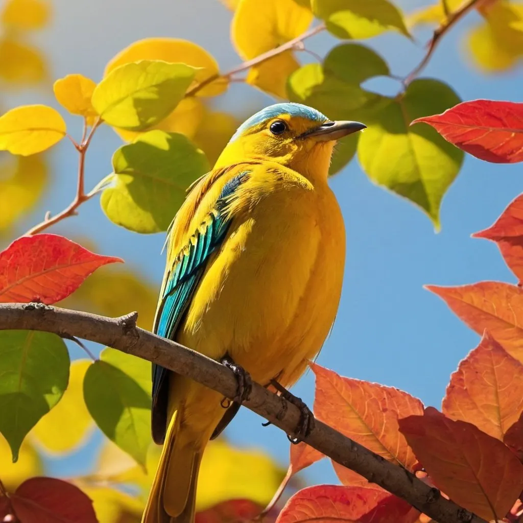 Prompt: yellow bird with blue, green, and red leaves and sun in background
