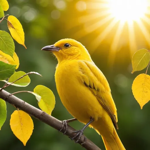 Prompt: yellow bird with 
leaves and sun in background
