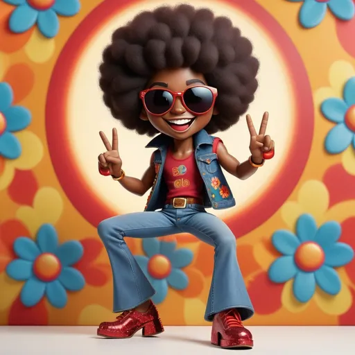 Prompt: Create an image of an Afroethnic, Afrocentric, ’70s styled Happy Face Emoji with an Afro hairstyle, cool sunglasses, wearing red glitter platform shoes, fashionable 70s bell-bottom jeans, and a matching jean crop-top vest. He’s flashing the peace sign and strutting. The camera angle is an upshot showcasing his forward footshoe, capturing the entire character. The background is a dynamic 70s-style flower-power pattern. The text “Be Cool, Baby!” is prominently embedded in a colorful, attention-getting script. A spotlight feature highlights and illuminates the character.