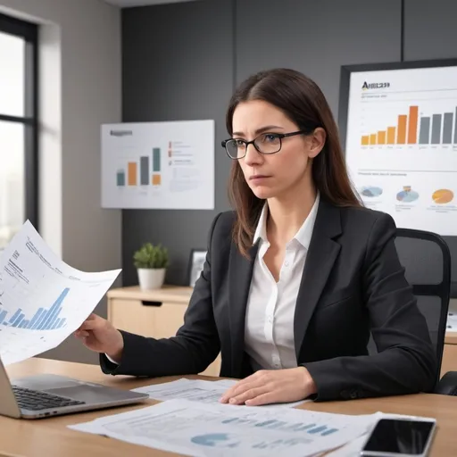 Prompt: Create an image of a person with the following conditions:
1) Looks confused reading a sales report with Amazon logo on it.
2) Sitting on a table with scattered papers showing sales graph 
3) The person is a female wearing an office attire
4) Tight shot with a home office background.

