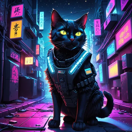 Prompt: Anime cyberpunk style illustration, (black cat) with robotic (tactical vest), set in a vibrant alleyway, illuminated by (neon lights) and signs, under a starry night sky. The scene bursts with (bright, vivid colors), enhancing the dynamic urban atmosphere. (4K, ultra-detailed) to capture every element of the futuristic environment.