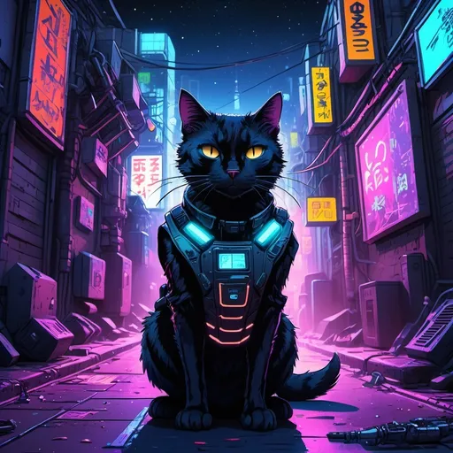 Prompt: Anime cyberpunk style illustration, (black cat) with robotic (tactical vest), set in a vibrant alleyway, illuminated by (neon lights) and signs, under a starry night sky. The scene bursts with (bright, vivid colors), enhancing the dynamic urban atmosphere. (4K, ultra-detailed) to capture every element of the futuristic environment.