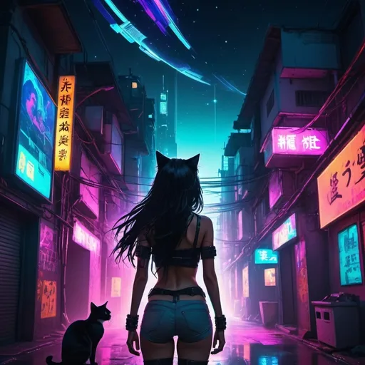 Prompt: (Anime cyberpunk style) woman holding a cat up above her head, looking at the night sky, long black hair flowing down her back, surrounding alleyway with vivid neon lights, (futuristic) elements, highly detailed scene, (4K) resolution, intense colors, atmospheric cityscape, dramatic lighting shines through the neon glow