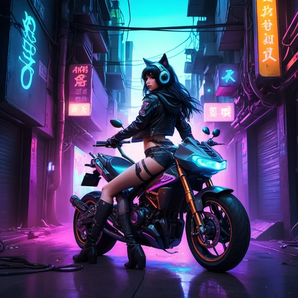 Prompt: (Anime cyberpunk style) girl sitting on motorcycle, (wearing riding gear), long black hair flowing down her back, helmet in her hands, (cat sitting on the back of the motorcycle), surrounding alleyway with vivid neon lights, (futuristic) elements, highly detailed scene, (4K) resolution, intense colors, atmospheric cityscape, dramatic lighting shines through the neon glow, evokes a sense of adventure and freedom.