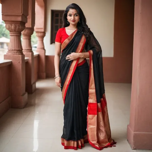 Prompt: a lady wearing a saree it should be modest the saree colour should be black and red  
