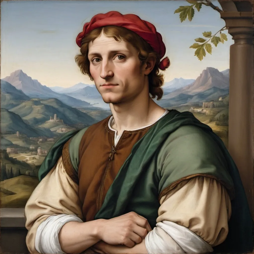 Prompt: A painted portrait of a man facing left
 but looking forward with one arm more propped up in the style of Italian Renaissance painter Raphael with mountains in the background.