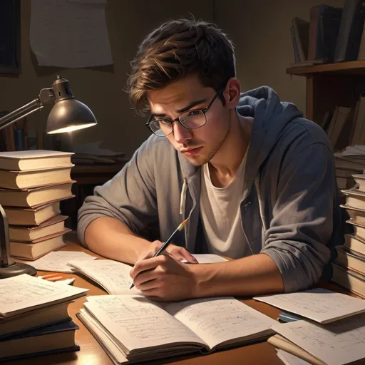 Prompt: Male college student studying complex math problem, realistic digital painting, messy desk, intense concentration, high quality, realistic, late night, warm lighting, detailed facial expression, focused gaze, worn-out textbooks, notes scattered, warm tones, academic setting, realistic lighting