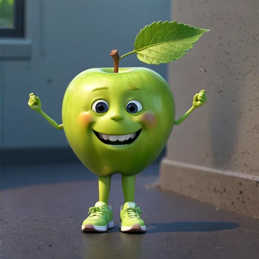 Prompt: a smiley apple with cool sneakers and leaf for hair
