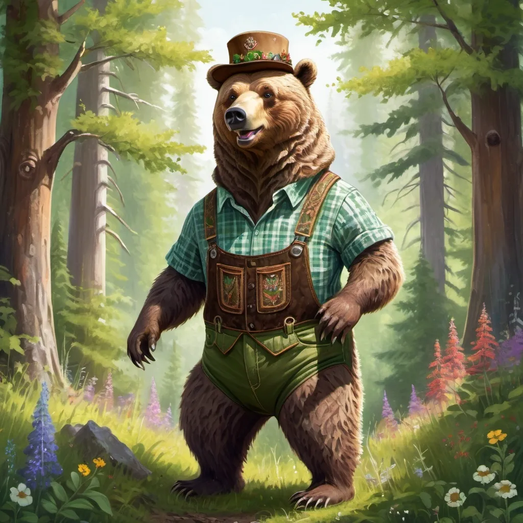 Prompt: Anthropomorphic grizzly bear wearing lederhosen and a tyrolean hat.. Bear should be in a forest and standing upright on hind legs.